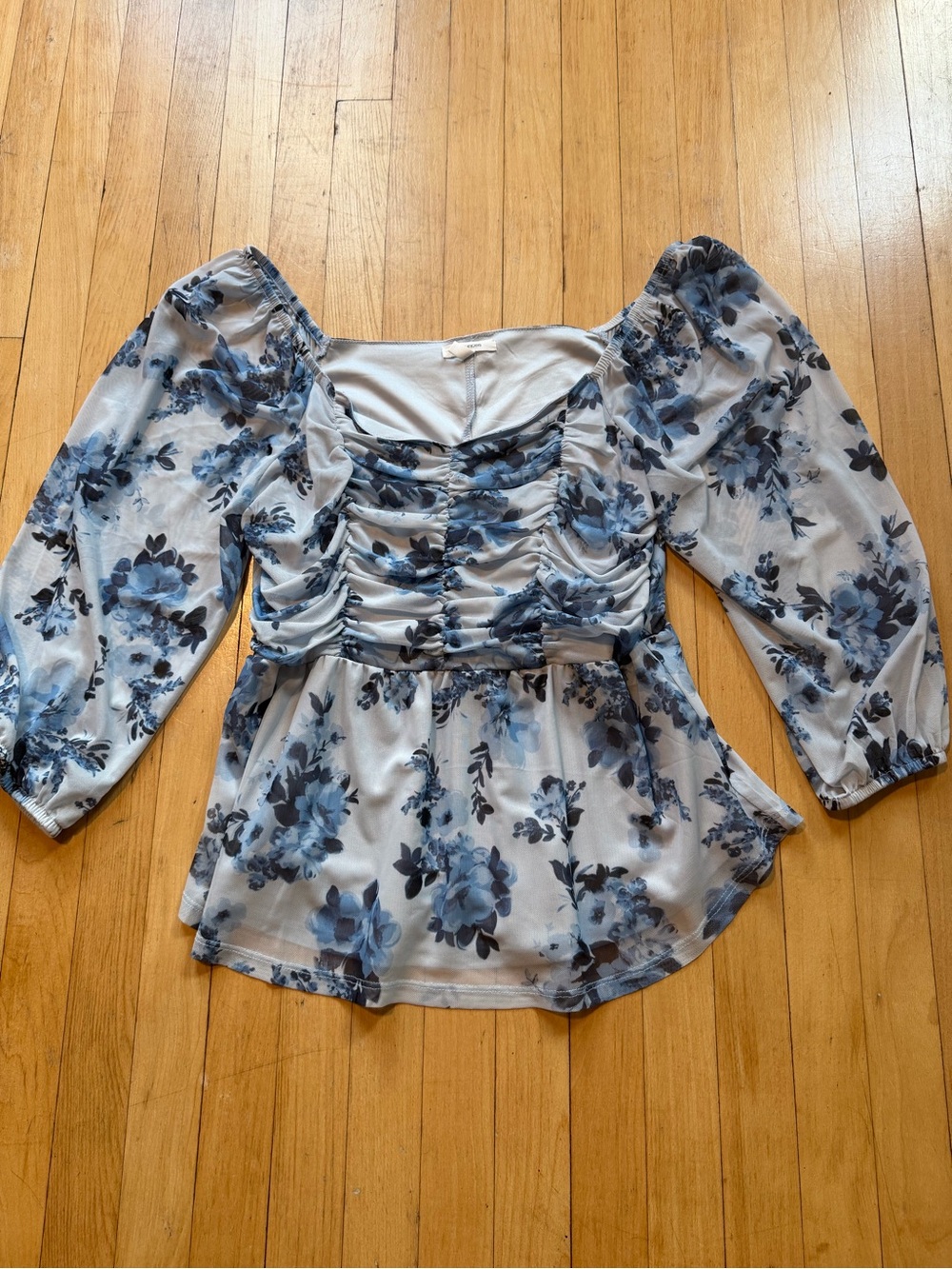 Maurices Light Blue Floral Ruched Peasant Blouse
